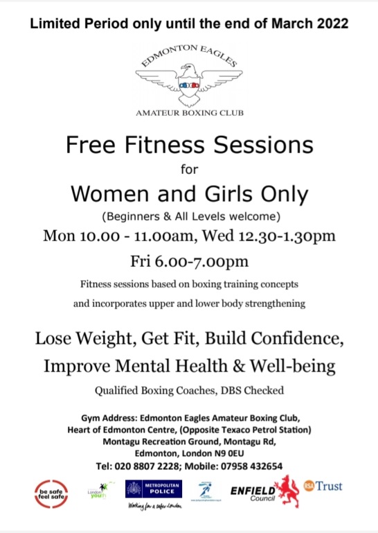 Another promotion for @EdmontonEagles1 #amateurboxingclub &amp; a great programme set up by them.
Its for #women &amp; #girls only #free #fitness sessions held at the club on Mondays 10-11 am, Wednesdays 1230-1330 &amp; Fridays 6-7pm. Get fit, build confidence, improve #mentalhealth.
 #VAWG