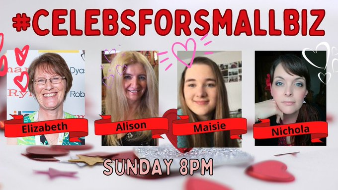 Welcome to #CelebsForSmallBiz everyone. How are you all tonight? 😀 You have me, Elizabeth on this account with co-hosts Alison @CauldronCandles Nichola @NaturaEmporium & @N_E_Creations Maisie @LScrunchieCo Let's do this!!!!😍