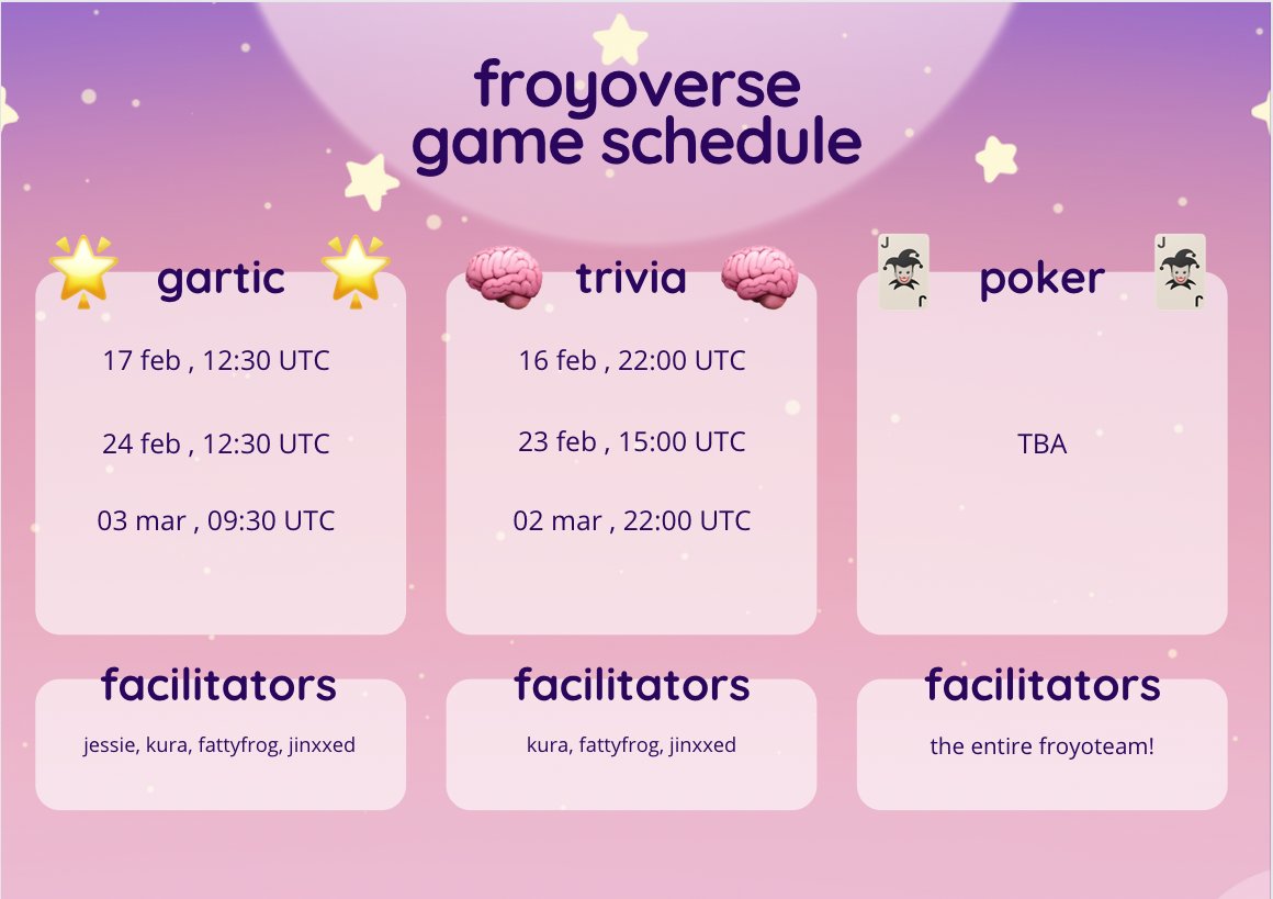 froyoverse's tweet photo. hi froyofam ✨

the froyoverse game schedule is out!

come join our discord and play with us 😊

https://t.co/OXqqttooAu https://t.co/7H5rZU6lei
