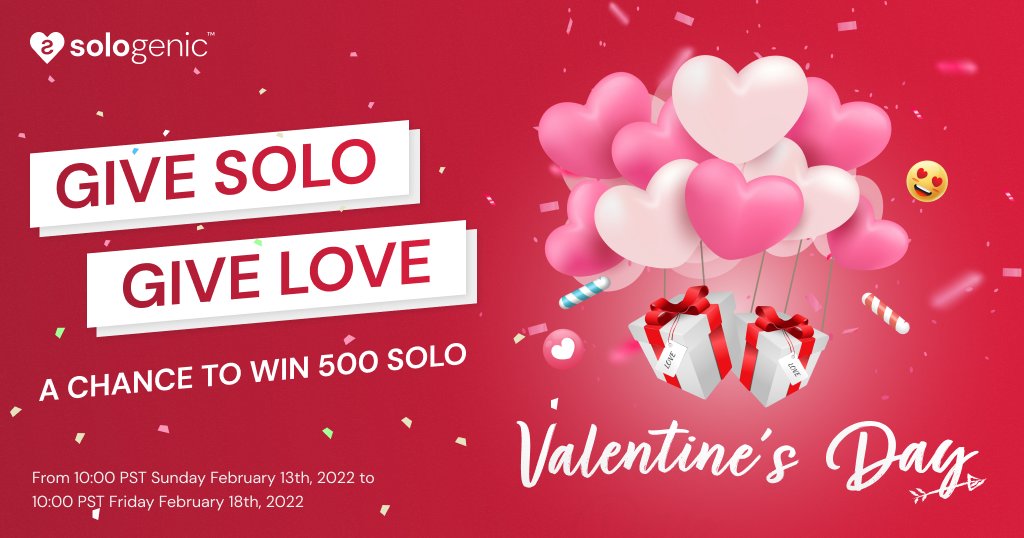 realSologenic's tweet image. One lucky winner will be chosen at random to win 500 $SOLO to give to that special someone on #Valentines Day this year! 💕

To enter you must: 
1⃣Follow us on IG, Twitter &amp;amp; TikTok
2⃣Tag 3 friends in this post 
3⃣Re-share this post  

GOOD LUCK! #GoSolo