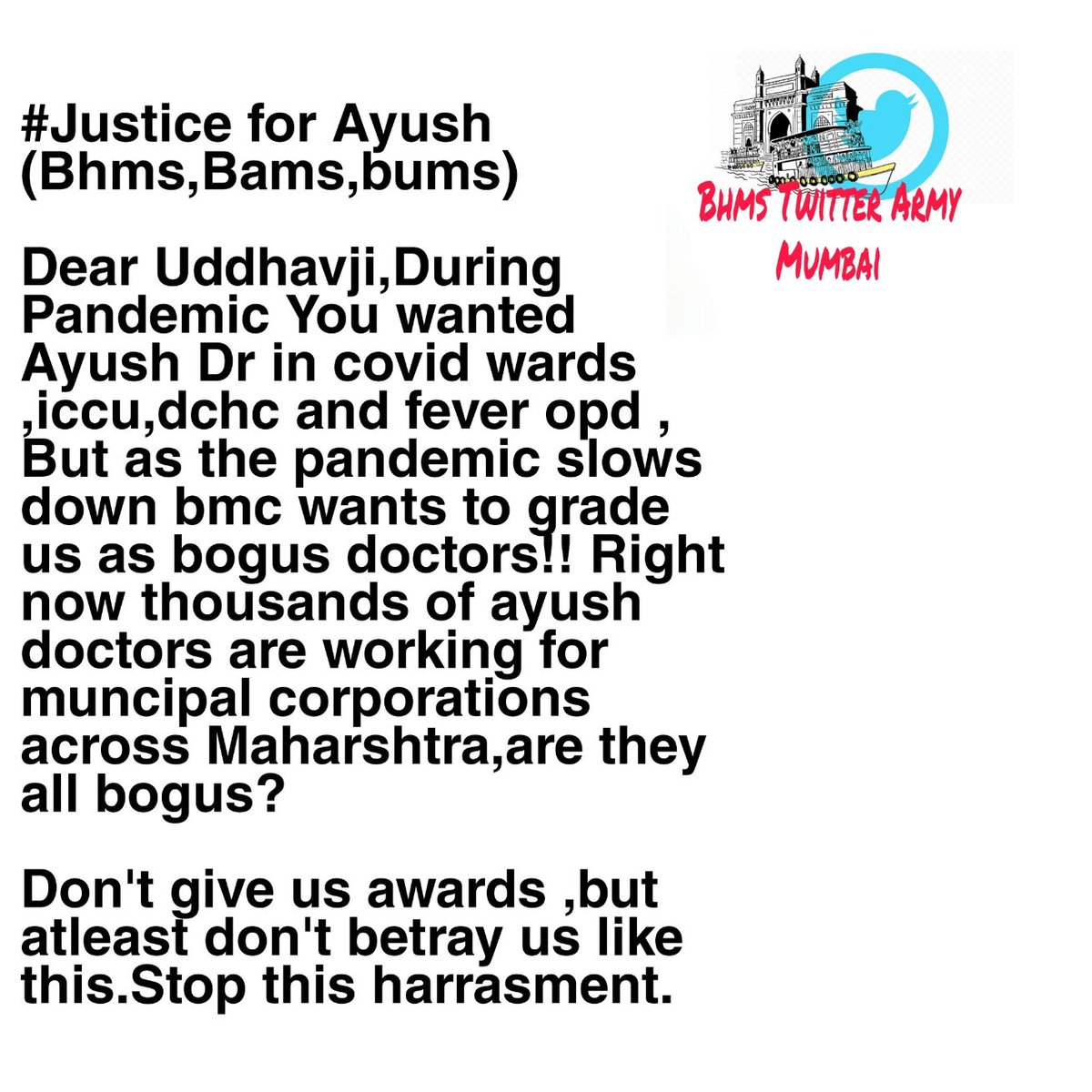 <a href="/DrShaikhAbdulQ1/">Dr Shaikh Abdul Qadir</a> <a href="/CMOMaharashtra/">CMO Maharashtra</a> <a href="/rajeshtope11/">Rajesh Tope</a> <a href="/timesofindia/">The Times Of India</a> <a href="/PMOIndia/">PMO India</a> <a href="/Dev_Fadnavis/">Devendra Fadnavis</a> <a href="/LoksattaLive/">LoksattaLive</a> <a href="/PMOIndia/">PMO India</a>  <a href="/ShivsenaComms/">Shivsena Communication</a> <a href="/mybmc/">माझी Mumbai, आपली BMC</a> <a href="/BJP4Mumbai/">BJP Mumbai</a> <a href="/moayush/">Ministry of Ayush</a> 
#injusticetowardshomeopathy
#justice4bhmsDr
#justice4Ayush
BMC MOST OF COVID CENTER Dr r ayush how can u claim us bogus when so many ayush working in covid center giving allopathic treatment