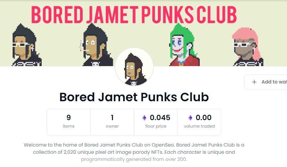 lg ngecek Opensea ternyata ada <a href="/BoredJametPC/">Bored Jamet Punks Club</a>  versi KW-nya, Be careful gaes jangan ampe jatoh ke jebakan betmen ini. Yuk kita bantu report! Plagiarisme tdk bs diterima.

wallet address BJPC KW: 0x7c9c67f89a837dade2871b614490dbec04f4098c