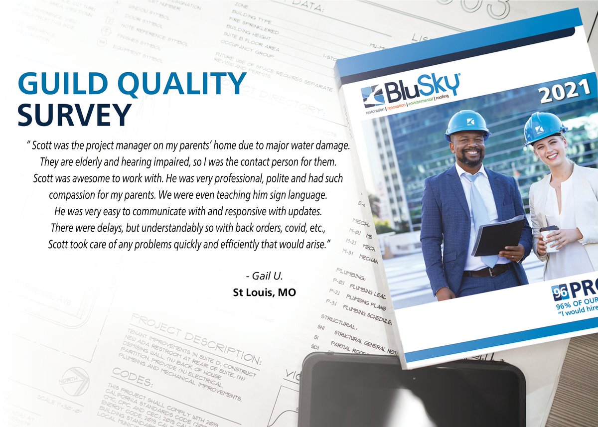 Rest assured that you can rely on us to help you put the pieces back together when it comes to property damages. Great work Scott, and thank you Gail for your trust in our team with your parents' property! 

#ClientSurvey #ClientSatisfaction #96Proof #Stlouis #GoBluSky
