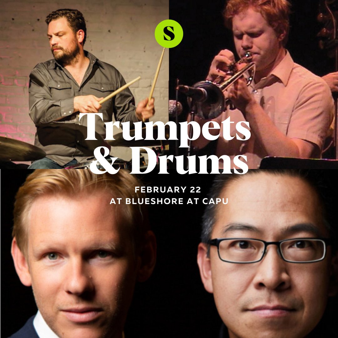 stir_vancouver's tweet photo. Fans of jazz drumming and trumpet playing will enjoy two drum and trumpet duos FEB 22! 

Seattle-based Ted Poor &amp; Cuong Vu share a double-bill with Vancouver-based duo, drummer Kenton Loewen &amp; trumpeter @JPCarter_

Tickets: https://t.co/CneSdysH8Z

@blueshoreatcapu @capilanoU https://t.co/MEofwMDW1w