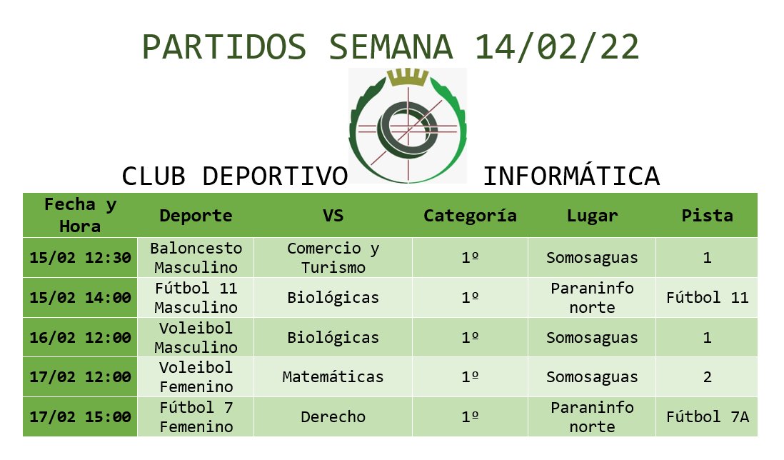 cdeportivoFDI's tweet photo. ⚠️PARTIDOS DE LA SEMANA⚠️

Estos son los partidos de la semana del 14/02.

Esta semana está llena de partidos interesantes, todos nuestros equipos juegan esta semana dándolo todo en la liga del trofeo del rector.

¡¡Muchísimas suerte a todos y todas!! https://t.co/vap4V6YMli