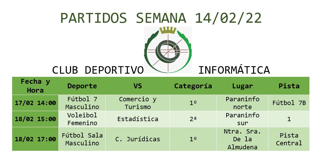 cdeportivoFDI's tweet photo. ⚠️PARTIDOS DE LA SEMANA⚠️

Estos son los partidos de la semana del 14/02.

Esta semana está llena de partidos interesantes, todos nuestros equipos juegan esta semana dándolo todo en la liga del trofeo del rector.

¡¡Muchísimas suerte a todos y todas!! https://t.co/vap4V6YMli