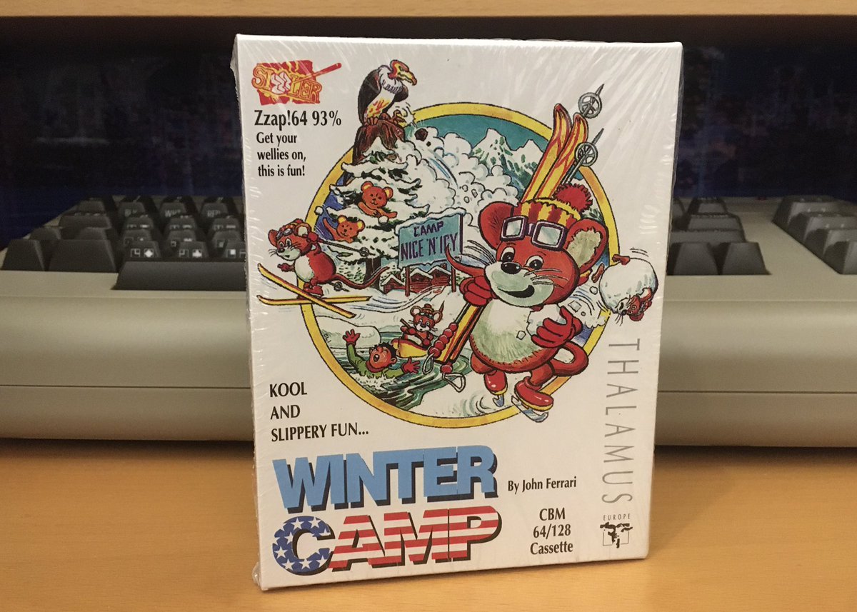 retroguybry's tweet photo. I picked up one of these sealed copies that are on eBay at the moment. Winter Camp is a cute and colourful snow themed game but be very careful, it involves some joystick waggling... #Commodore64 #C64 #C64Sunday #CIBSunday #ShareYourGames https://t.co/hrQ0V0Dk3c