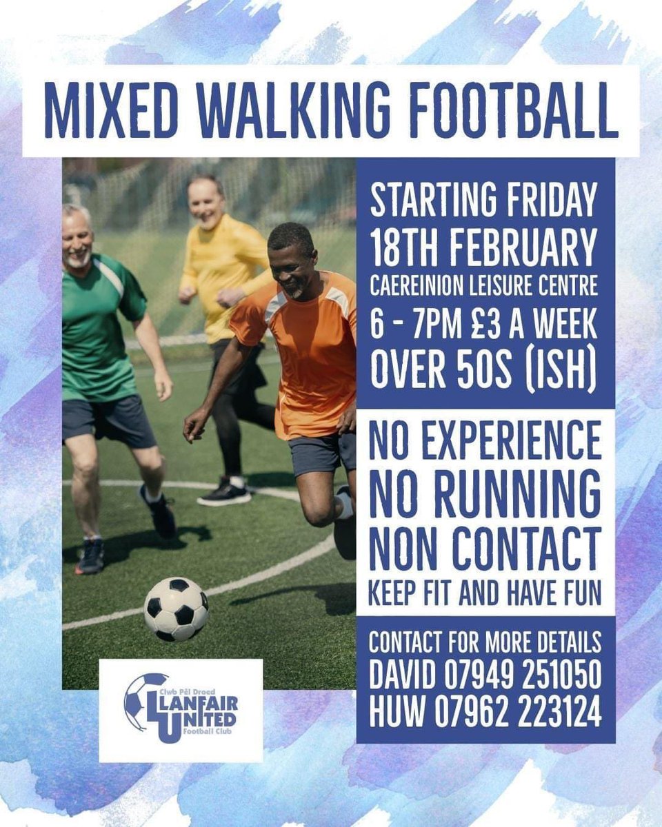 caereinion_LC's tweet photo. STARTING THIS FRIDAY (18th February) 

@LlanfairUtdFC are pleased to announce a new opportunity in the community. 

They are holding walking football sessions for 50+ (ish) for males and females to join. 

No experience, no running, non contact; a chance to have fun and get fit! https://t.co/6XUdBvItzr