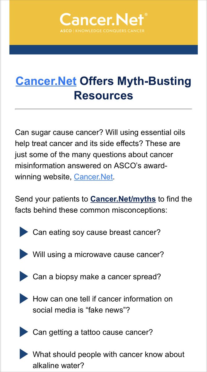 There are a lot of #Myths &amp;  misconceptions about #Cancer. We owe it to our patients to correct them. 
Check out &amp; share collection of articles/blogs on #CancerMyths by <a href="/CancerDotNet/">CancerDotNet</a> (Doctor Approved Cancer Info by <a href="/ASCO/">ASCO</a>) 

👉👉 cancer.net/blog/tags/myths

#KnowledgeConquersCancer