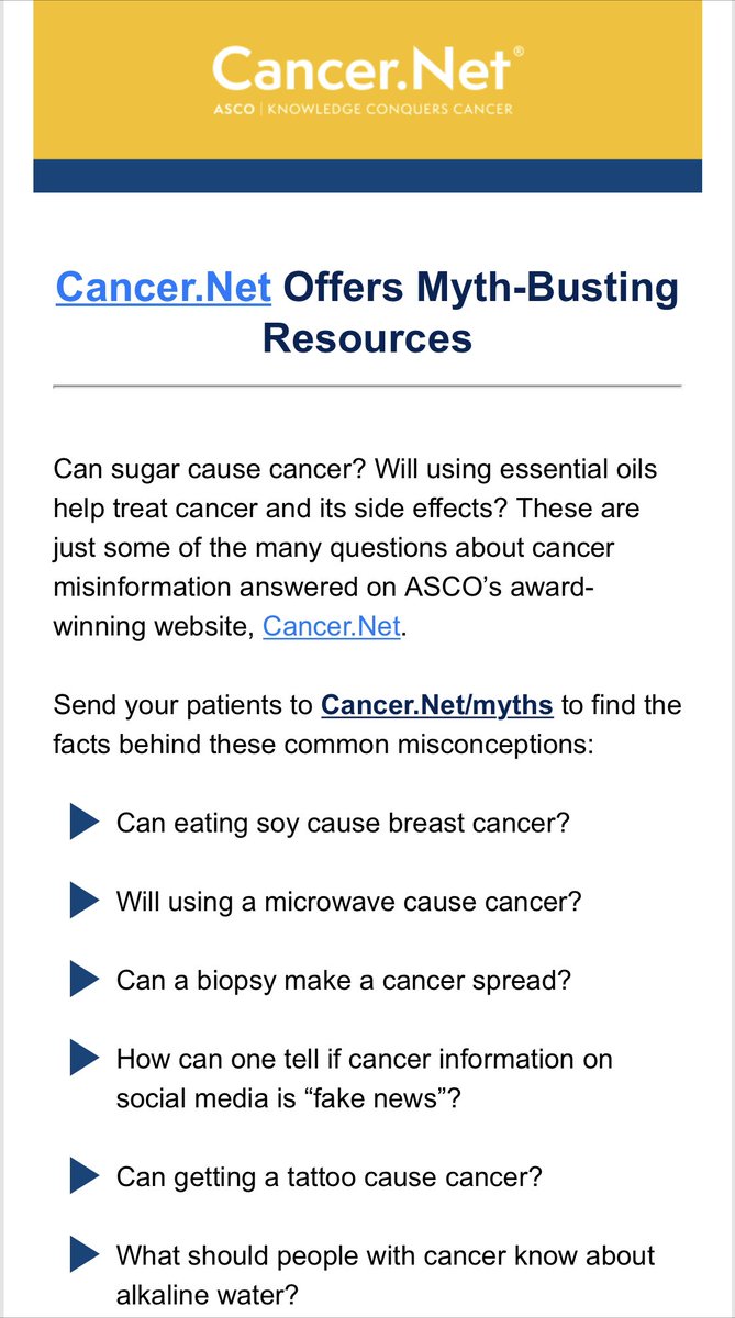 There are a lot of #Myths &  misconceptions about #Cancer. We owe it to our patients to correct them. 
Check out & share collection of articles/blogs on #CancerMyths by @CancerDotNet (Doctor Approved Cancer Info by @ASCO) 

👉👉 cancer.net/blog/tags/myths

#KnowledgeConquersCancer