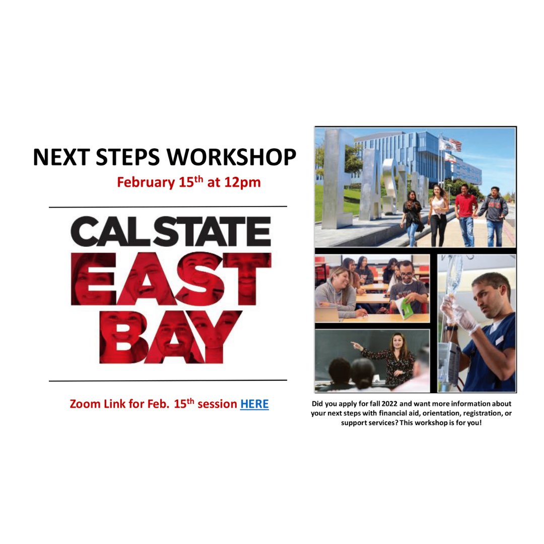 dvccareertrans's tweet photo. Applied to CSU East Bay for Fall 2022? CSUEB Reps will walk you through the next steps on your college journey at this virtual webinar.

Register here: https://t.co/wzwxJyejLe

#TransferCSUEB #DVCTransfer #CSUEB #DiabloValleyCollege https://t.co/uLI3oRUqgr