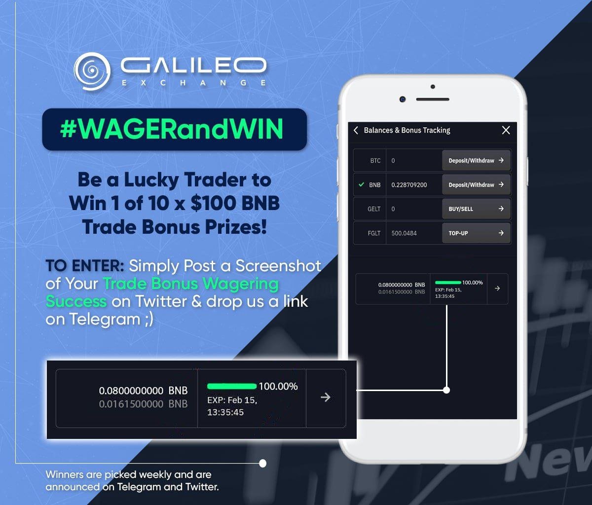 PlayTradeWinHQ's tweet photo. Hello Galilions 🦁

Get Lucky 🍀 😁
#WagerandWin

Be one of Top 10 Lucky Traders to win an Additional $100 BNB Trade Bonus! 🏆

Post a screenshot of your Trade Bonus Wagering success on telegram or Twitter
With the hash tag #WagerandWin

Winners to be announced by Friday 7pm GMT https://t.co/kvP0abqcvn