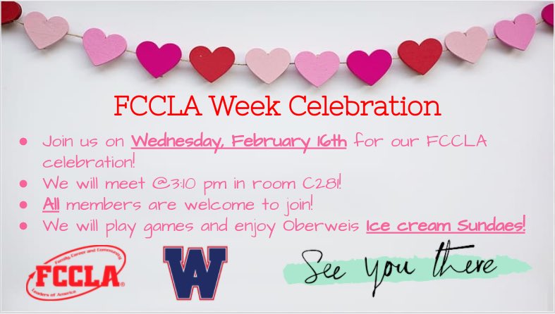 Join us for our FCCLA week celebration! We will be celebrating with yummy oberweis ice cream sundaes! #FCCLA #wahs