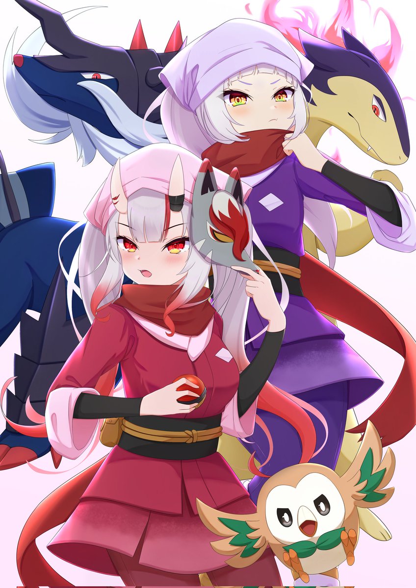 akari (pokemon) ,murasaki shion ,nakiri ayame ,rowlet pokemon (creature) poke ball mask holding poke ball cosplay red scarf 2girls  illustration images