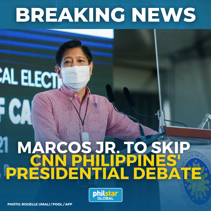 PhilstarNews's tweet photo. JUST IN: Bongbong Marcos won’t attend CNN Philippines’ Presidential Debate on February 27, citing earlier commitments. He earlier skipped interviews by GMA’s Jessica Soho and a forum by KBP with several media orgs. | via @kristinepatag https://t.co/higA6BGLzA