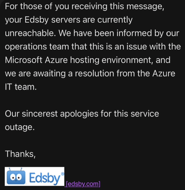 Edsby is in the cloud, and the cloud is having some issues right now. We'll keep you posted. #spslearn <a href="/StoonPubSchools/">Saskatoon Public Schools</a>