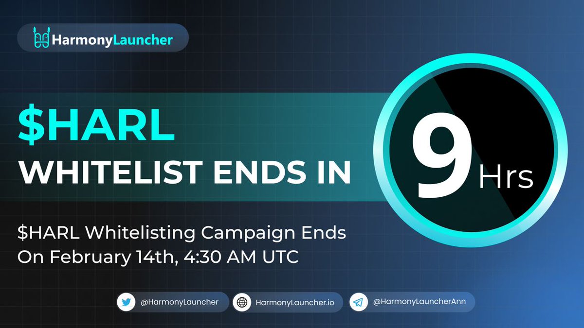 ⏰ 9 HOURS REMAINING ⏰

Have you all participated in the ongoing whitelisting campaign? 

No?? Well, You better hurry up as the campaign is closing in soon.

⌛️ Whitelist Campaign ends - Feb 14, 4:30 AM UTC

🔗Visit to participate: bit.ly/34HYf5u

#Harl #HarmonyONE
