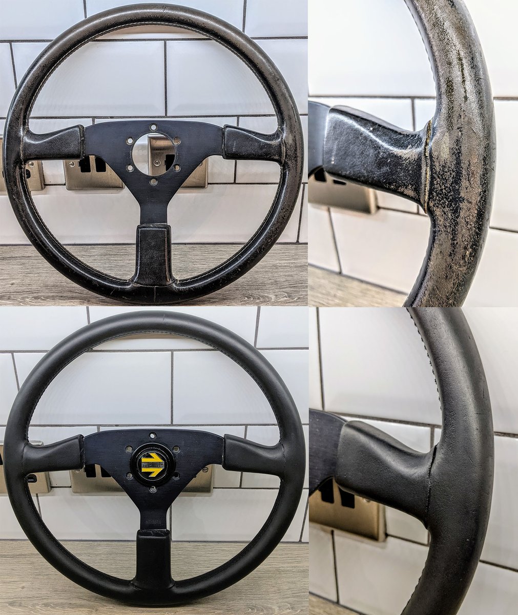 STEMillie_'s tweet photo. Can't quite believe the transformation! 32 year old @MomoMotorsport leather steering wheel looking almost as good as new after some cleaning, sanding and dye.😍 It's the small details. #MX5 #Eunos #classiccars #restoration https://t.co/Rm5K0NdFyW