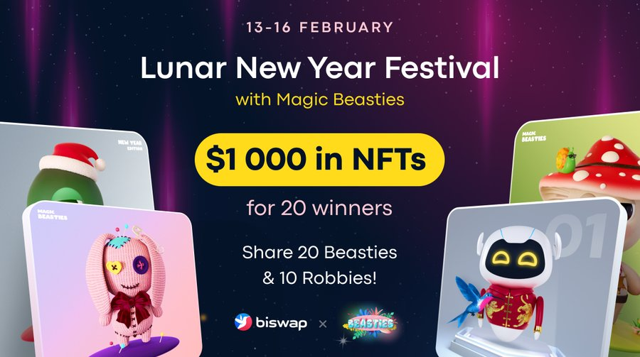 beasties_online's tweet photo. 🏮$1 000 in NFTs Biswap &amp; Magic Beasties!🏮

📅13-16 FEB
🏆Prize: 30 NFTs
🥇Winners: 20

Terms:
1️⃣Follow @Biswap_Dex &amp; @beasties_online
2️⃣Like the tweet &amp; Make quote retweet with BEP-20 wallet
3️⃣Fill out: https://t.co/Oovtg9JpmO

More info:
https://t.co/Kwb8a1QGXM

🎪Have fun! https://t.co/5Kp6xi9fYS