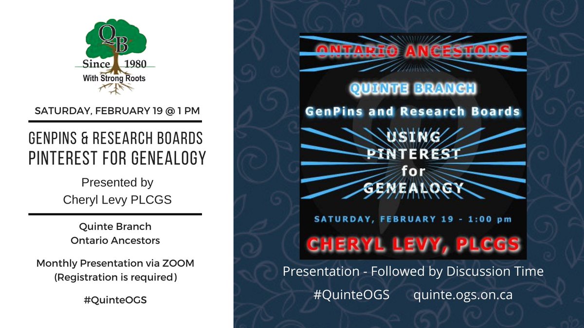 FP2Heritage's tweet photo. Have you been Using Pinterest for Genealogy? Learn how to create GenPins and Research Boards for your Genealogy Research Projects. #FP2H #QuinteOGS #Pinterest #genealogy
Quinte Branch Presentation: Saturday, February 19 @ 1 pm. Registration is Required:
https://t.co/mRsjcJJ0X0 https://t.co/fUlnlI9ctL