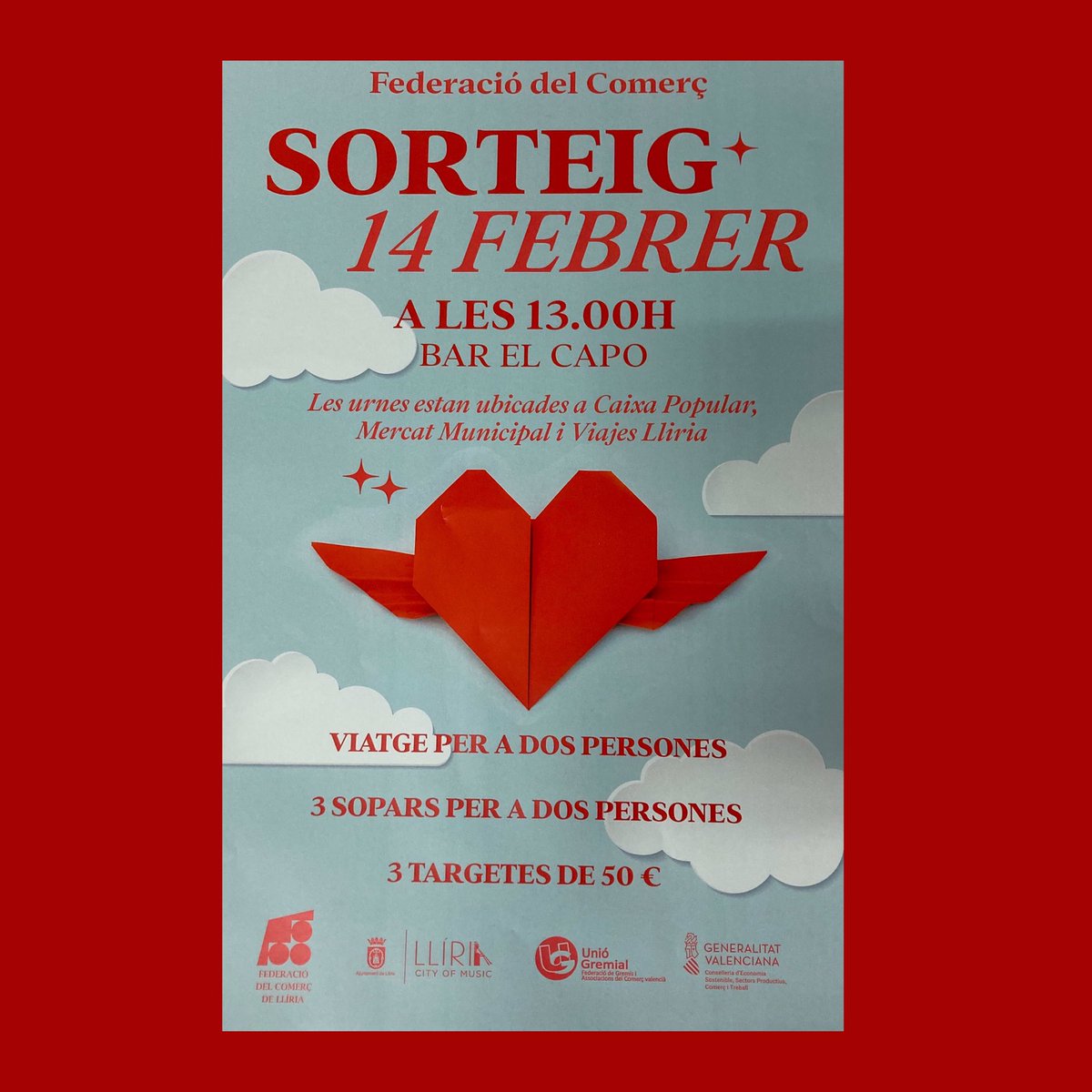 FLliria's tweet photo. Dilluns sorteig ! 

#pertuipermijocompreací 
#lovecomerçlocal 
#Llíriaviva https://t.co/3iVZ0rLO83