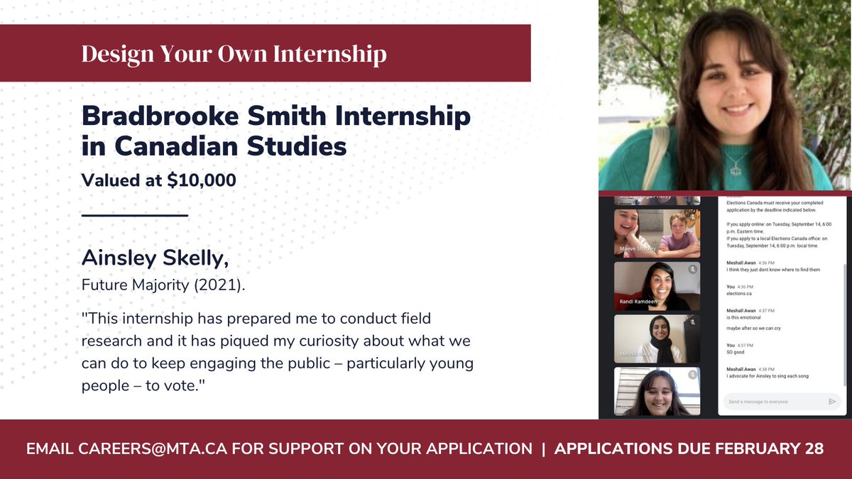The Bradbrooke Smith Internship in Canadian Studies is a full-time summer internship funding opportunity valued at $10,000. Students in Canadian Studies who are interested in working with an employer outside of the Maritimes are encouraged to apply.  
📣 Applications due Feb. 28.