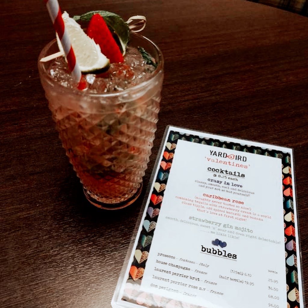 Introducing our ‘Valentines’ cocktails 🍸
- Crazy in Love ♥️
- Caribbean Rose 🌹 
- Strawberry Gin Mojito 🍓

#Yardbird #Valentinesweekend #valentinescocktails #rosesarered #crazyinlove #loveislove #valentinesdinner