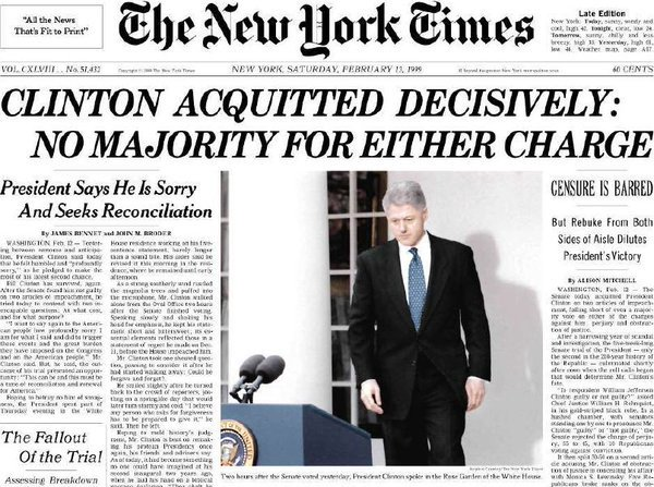 TammiMinoski's tweet photo. FEB 12 1999: The Senate acquitted President #BillClinton on two articles of impeachment - falling short of a majority vote on either of the charges against him - perjury and obstruction of justice. https://t.co/tNIC8iW5jV… #Presidents #ClintonImpeachment https://t.co/4GTpoukAeO