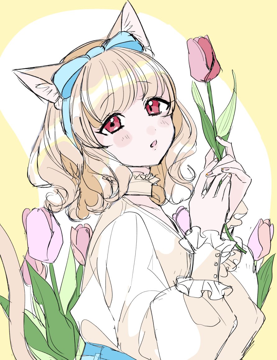 1girl flower animal ears solo tulip cat ears tail  illustration images