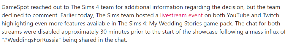 Amazing_ParaBoy's tweet photo. Just so everyone know - The Sims Team was reached out by @GameSpot (Thank you for covering true nature of this topic and including my tweet in your article) and @TheSims declined to comment. #weddingsforrussia https://t.co/1Ybzfw7tb4