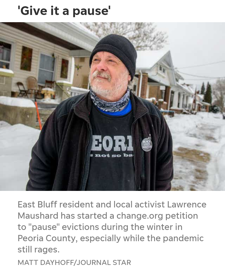 Maushard's tweet photo. Standing up for tenants in Peoria, IL. as winter pandemic evictions continue. #peoria #humanrights #tenantsrights #abolishwinterevictions https://t.co/ZAhDLVzepi https://t.co/Hf1hVZDBIS