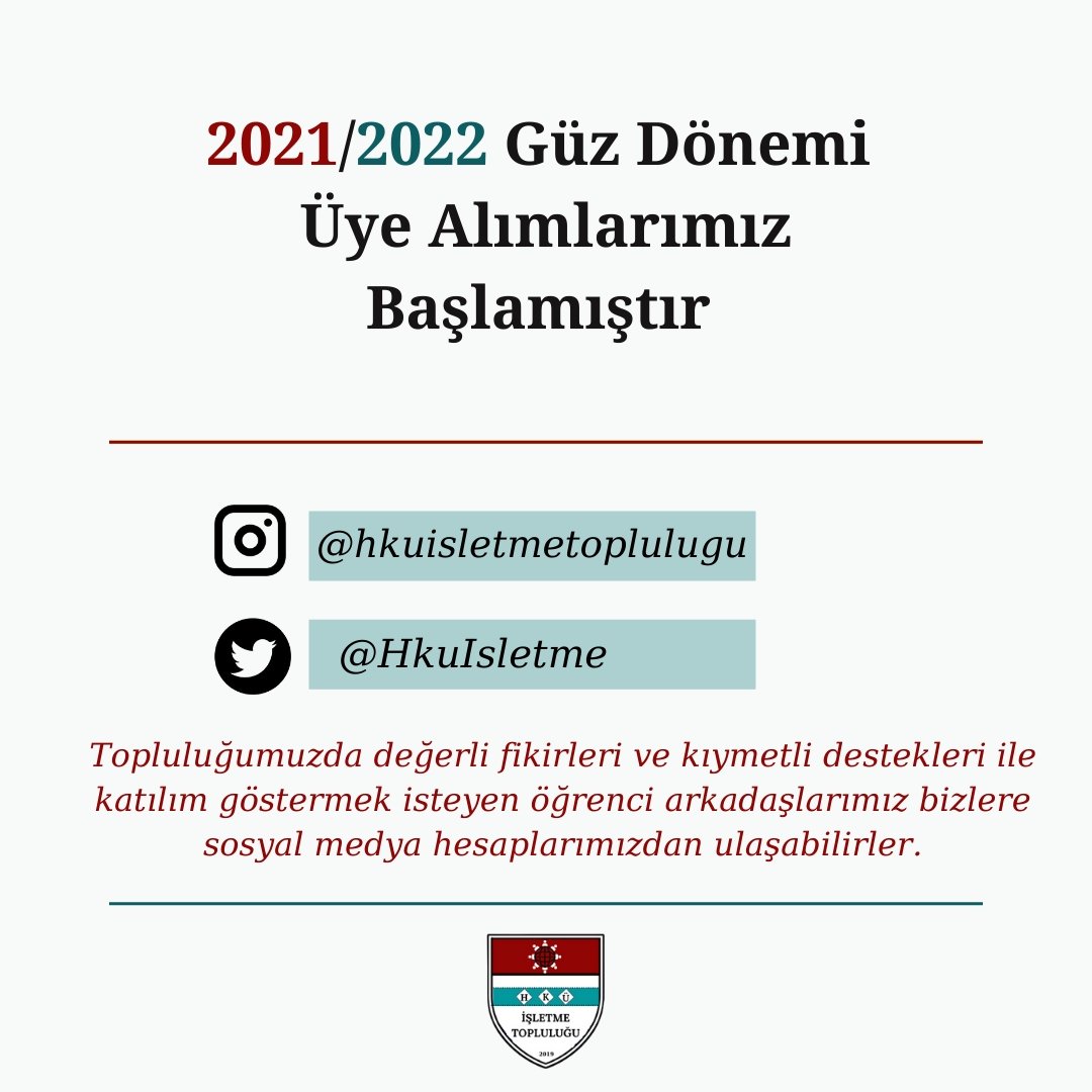 ✅2021/2022 Güz Dönemi Üye alımlarımız başlamıştır;

Değerli fikirleri ve kıymetli destekleriyle katılım göstermek isteyen öğrenci arkadaşlarımızı aramızda görmeyi çok isteriz.😊

<a href="/TurkayDereli/">Türkay Dereli</a> <a href="/hkusks/">HKU Sağlık Kültür ve Spor Müdürlüğü</a> <a href="/zeynep_ozguner/">Zeynep Özgüner</a> <a href="/ProfMazlumCelik/">Mazlum Celik</a> <a href="/hkuiisbf/">HKÜ İİSBF</a> <a href="/hkuogrencidekan/">HKÜ ÖĞRENCİ DEKANLIĞI</a> <a href="/YakupDURMAZ8/">Prof. Dr. Yakup DURMAZ</a>