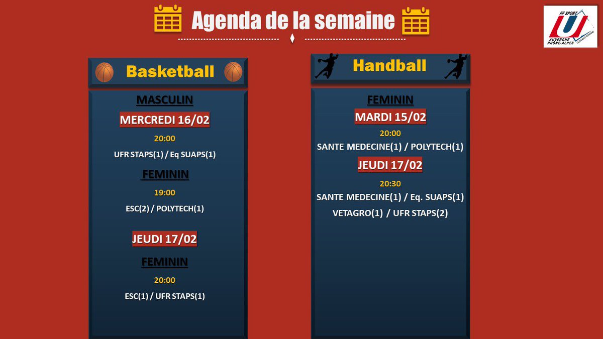 ⏰ AGENDA DE LA SEMAINE ⏰

Retrouvez les lieux des rendez-vous sur le site : sportco.abyss-clients.com/rencontres

Bonne semaine de compétition 🥇