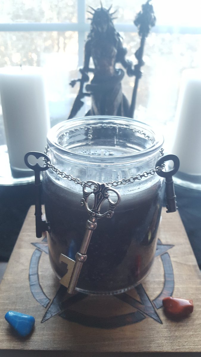KnightDivining's tweet photo. Walking through the store today & this candle called to me. It was the last one. I knew exactly what to do with it & who I could offer it to. Dressed it up a bit as well. 😊 #hekate #keepingherkeys #offering #candle #deity #witch #altar https://t.co/ayD4CxziuN