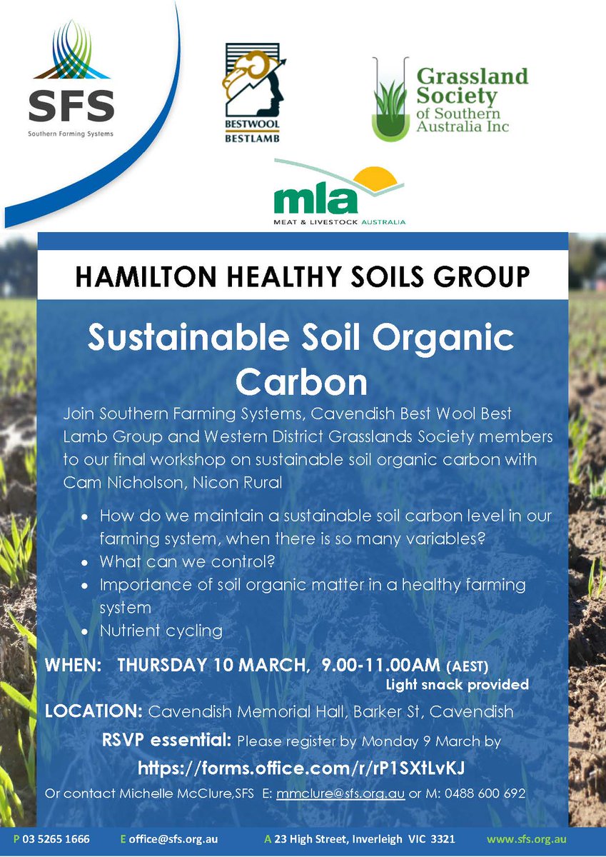 Sustaining Soil Organic Carbon isn't easy, join us March 10, Cavendish. Two hour workshop with Cam Nicholson,
How to maintain a sustainable SOC?  What can we control? Importance of soil organic matter and Nutrient Cycling.
More info sfs.org.au/communications…