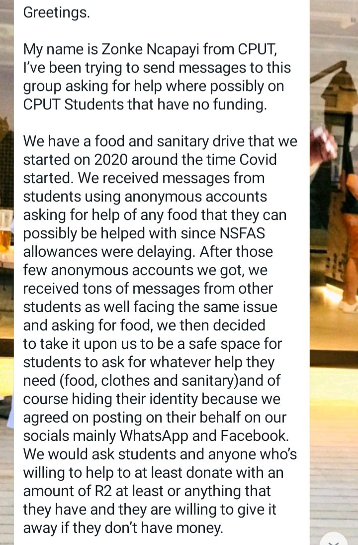 NcapayiZonke's tweet photo. Please help us raise funds to buy toiletries and food items for CPUT Students. 

For more info contact:
Zonke: 061 669 6540
Ncebakazi Dyantyi: 068 074 5406

For donations: 
1557101645
0616696540
Capitec 
Z.Ncapayi 

We will appreciate any amount and form of donation. Thank you https://t.co/1gKal5EdtW