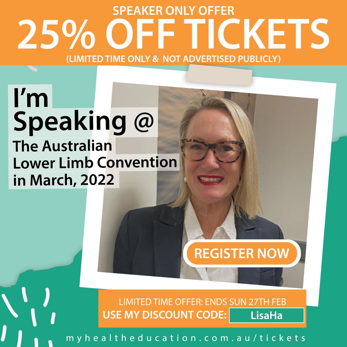 25% off your tickets for a very limited time!

March 21st &amp; 22nd, I am speaking at The Australian Lower Limb Convention, Kiama, NSW.

Use the special code, LisaHa,  to access discount tickets.
Head to myhealtheducation.com.au/tickets to register.
See you there.  @learnmyhealtheducation