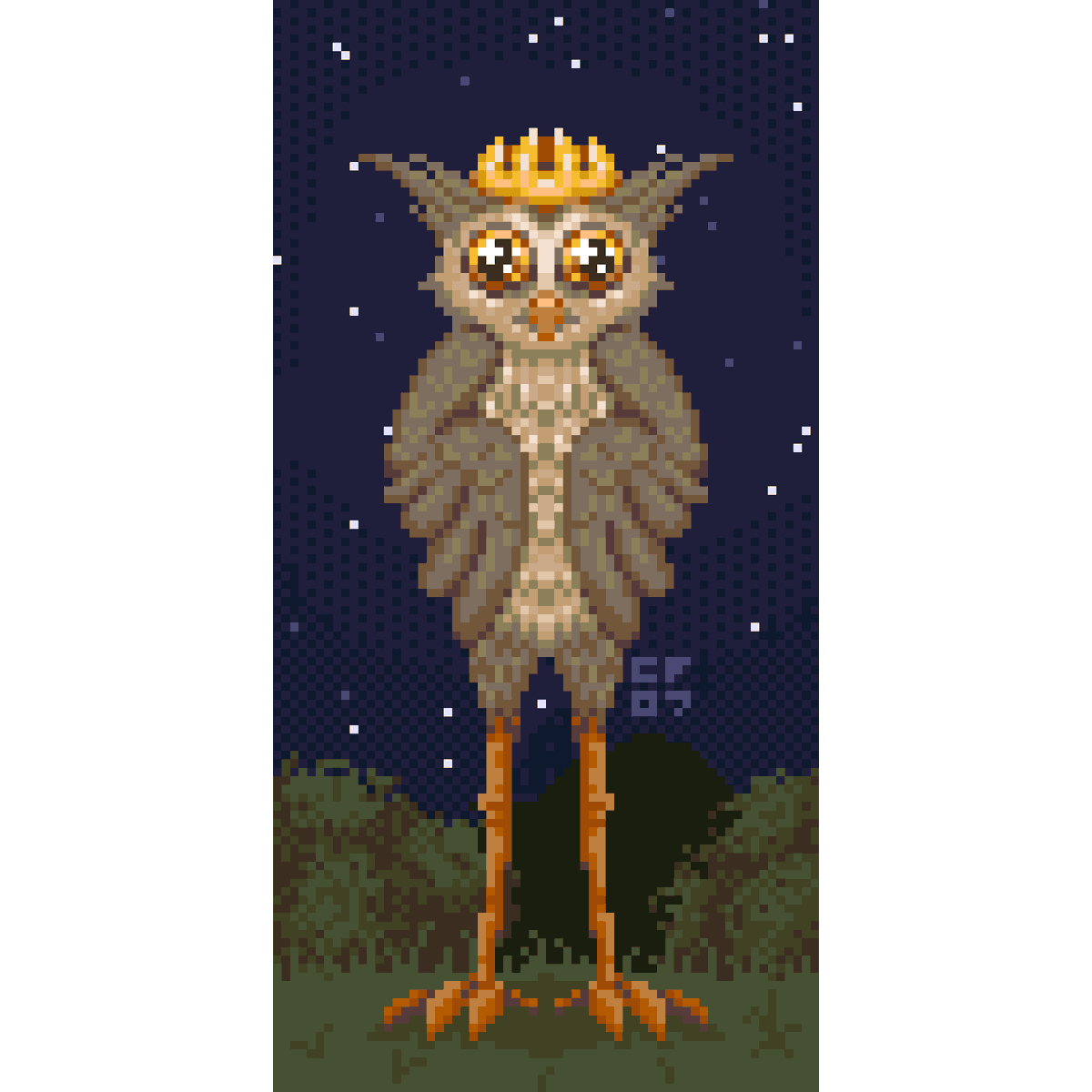 Cornflower07's tweet photo. I know next to nothing about football, but I do know a thing or two about superb owls. So here's Stolas, the leggy astronomy boi of the Ars Goetia. Palette is #aurora
#pixelart https://t.co/AJM8fDO2Es