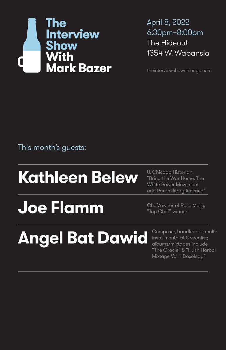 markbazer's tweet image. Is two hours before a football game the right time to announce our return to @hideoutchicago? We will find out. But we're back, for real this time, on April 8.

With @kathleen_belew, @angeltheoracle, @FlammJoe 

This poster proves it. Tickets at bit.ly/3Lwk74U.