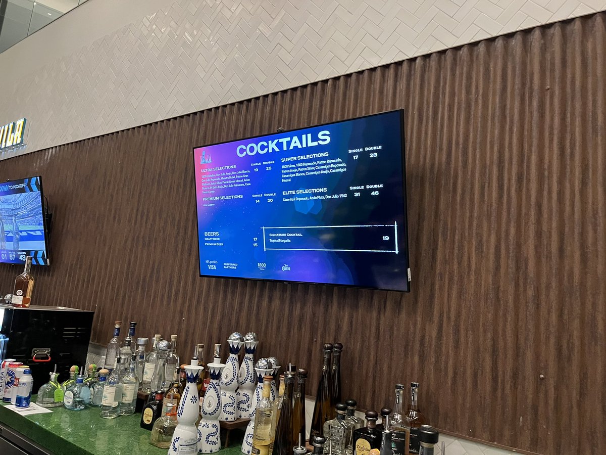 TJBerka1's tweet photo. Tequila bar at the Pechanga Founders Club on the 100 level. Only $46 for a double Don Julio 1942. #SBLVI https://t.co/Y5PfCZcBSd