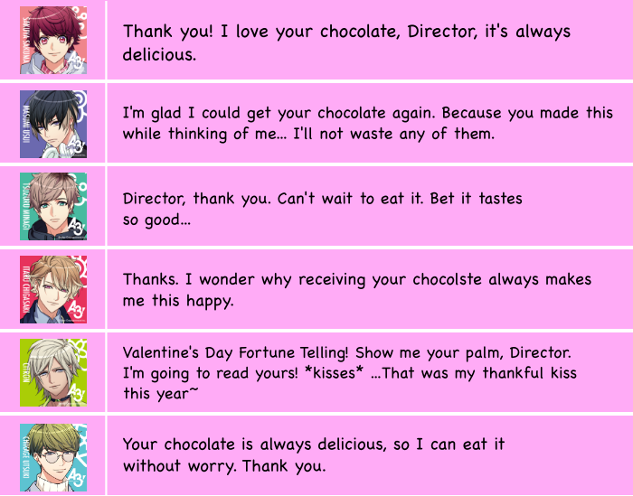 chocoujis's tweet photo. 🍫VALENTINE'S DAY🍫
Here's a translation for the boys' home lines. https://t.co/5PFLHapGdZ