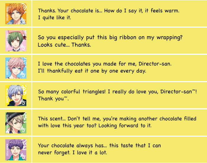 chocoujis's tweet photo. 🍫VALENTINE'S DAY🍫
Here's a translation for the boys' home lines. https://t.co/5PFLHapGdZ