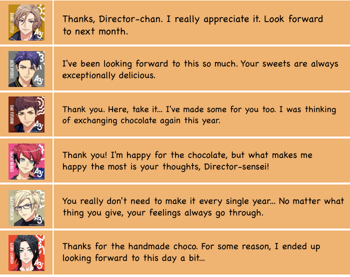 chocoujis's tweet photo. 🍫VALENTINE'S DAY🍫
Here's a translation for the boys' home lines. https://t.co/5PFLHapGdZ