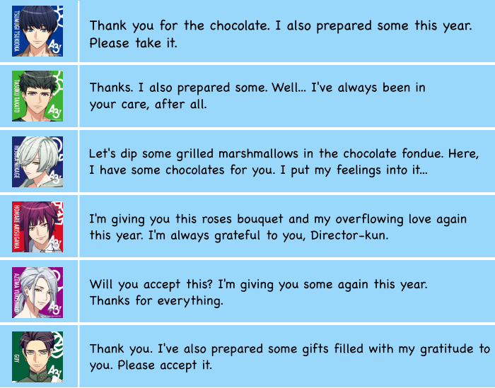 chocoujis's tweet photo. 🍫VALENTINE'S DAY🍫
Here's a translation for the boys' home lines. https://t.co/5PFLHapGdZ