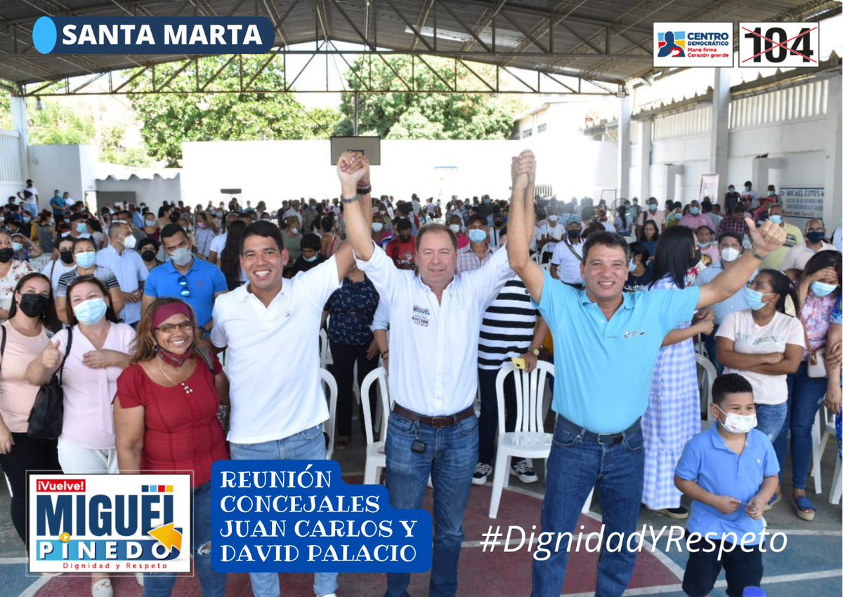 Miguelpinedoc's tweet photo. Gracias concejales de #SantaMarta @Juancpalacio_ y #DavidPalacio por el gran impulso que, a través de sus familiares, líderes, amigos, allegados y seguidores, le entregan a esta candidatura. Esto es con #DignidadYRespeto. #MiguelPinedoCD104 @CeDemocratico #Elecciones2022 https://t.co/LpJHVDv7MH