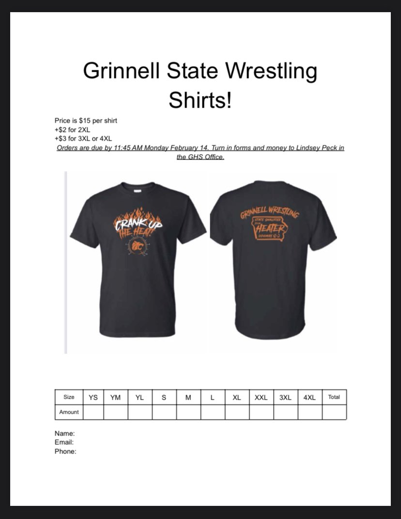 GrinnellWrestl1's tweet photo. Get ‘em while they’re hot! Order forms are due in the GHS office by 11:45 tomorrow. Price is $15. https://t.co/nGuMeWD8wO