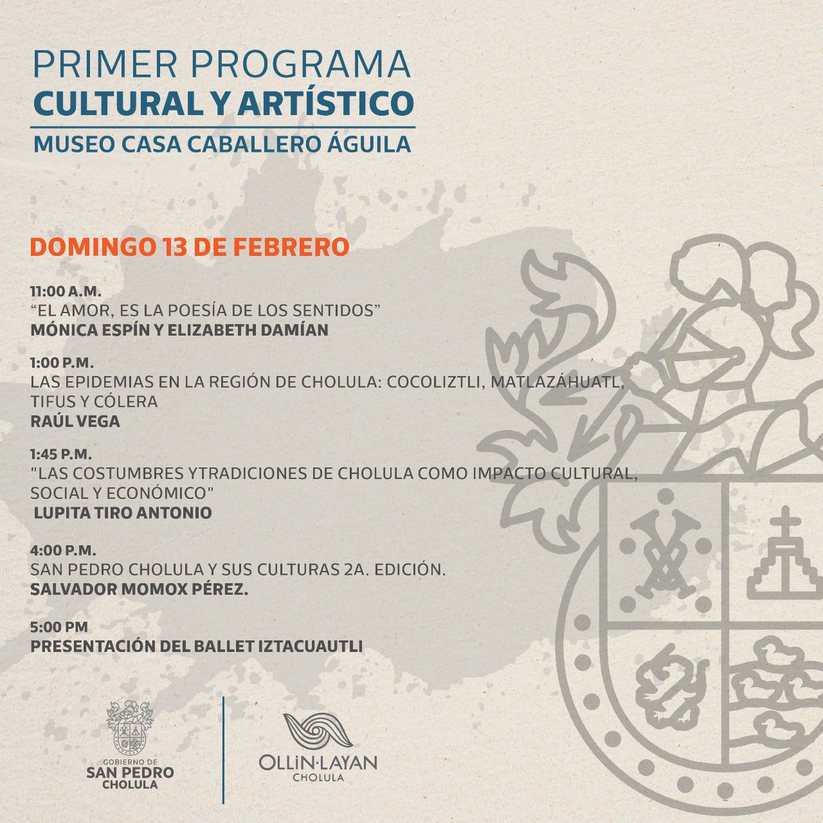 📌 #Información | Este sábado 12 de febrero conoce las actividades culturales que hay como parte del Programa Cultural y Artístico en la “Museo Casa del Caballero Águila”. 🎊🤲🏽