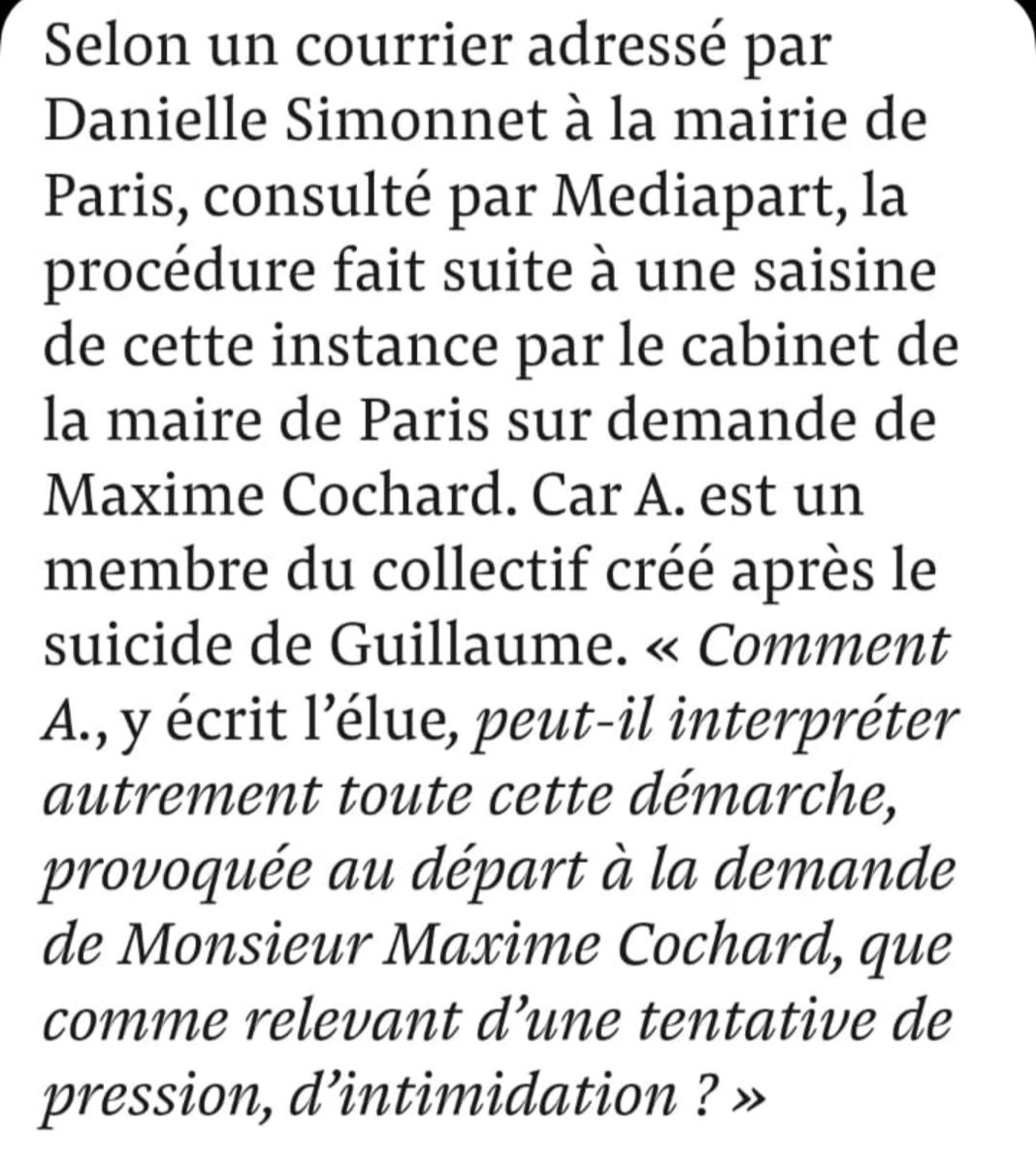 NiUnaMenos21's tweet photo. Incroyable 2/
On apprend dans @Mediapart que le cabinet de @Anne_Hidalgo sur demande expresse de Maxime #Cochard a tenté de faire pression sur le stagiaire de @Simonnet2 ,engagé dans le @col_JPGuillaume
Un scandale absolu!
Encore un pour la Mairie de @Paris
#JusticePourGuillaume https://t.co/zUb9PPQ9VG