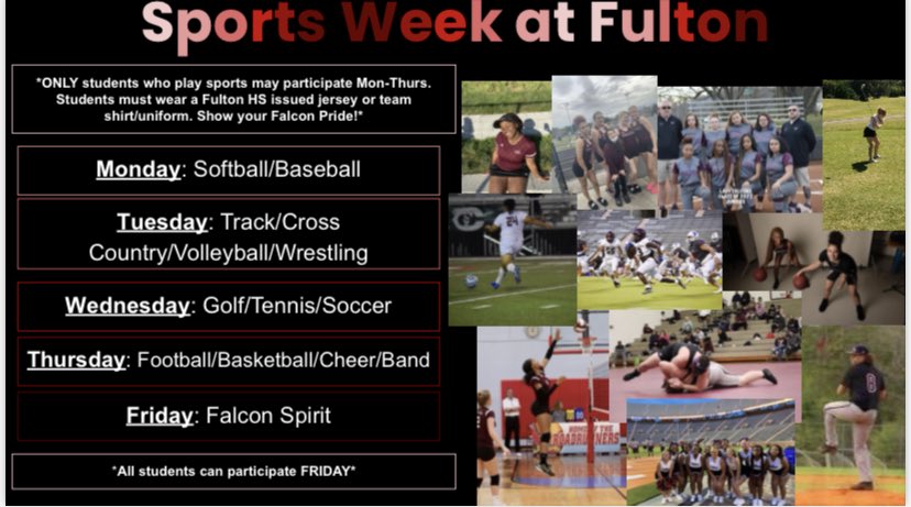 FultonHS2025's tweet photo. Be sure to check out when you can represent your sport this week! https://t.co/eLhtSZSbHF