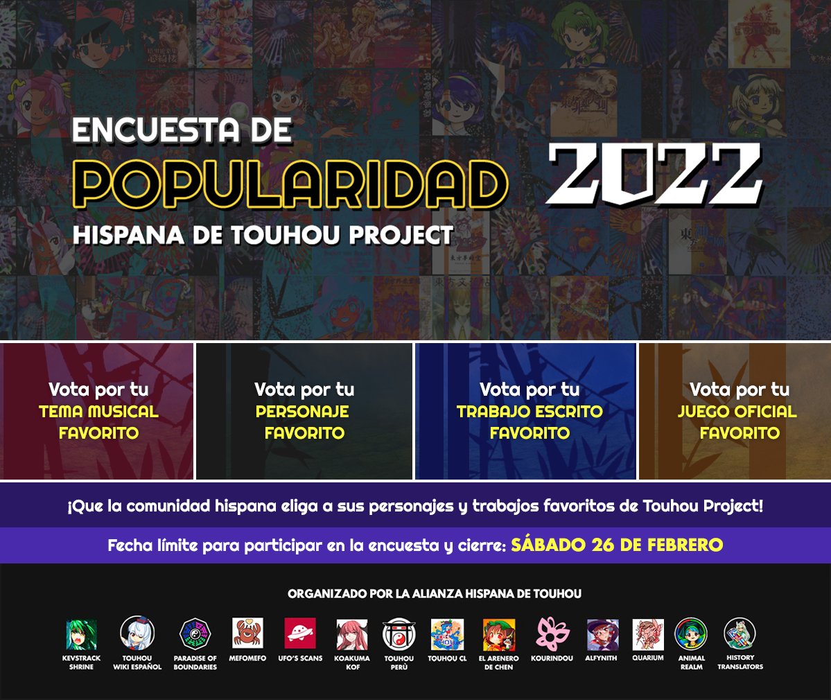 ¡La Alianza Hispana presenta la cuarta Encuesta de Popularidad Hispana de Touhou! 

Vota por tus personajes, juegos, trabajos escritos y música favorita de la saga, ¡tienes hasta el 26 de Febrero!

Los resultados se publicarán el Domingo 27 de Febrero.
es.touhouwiki.net/wiki/Touhou_Wi…